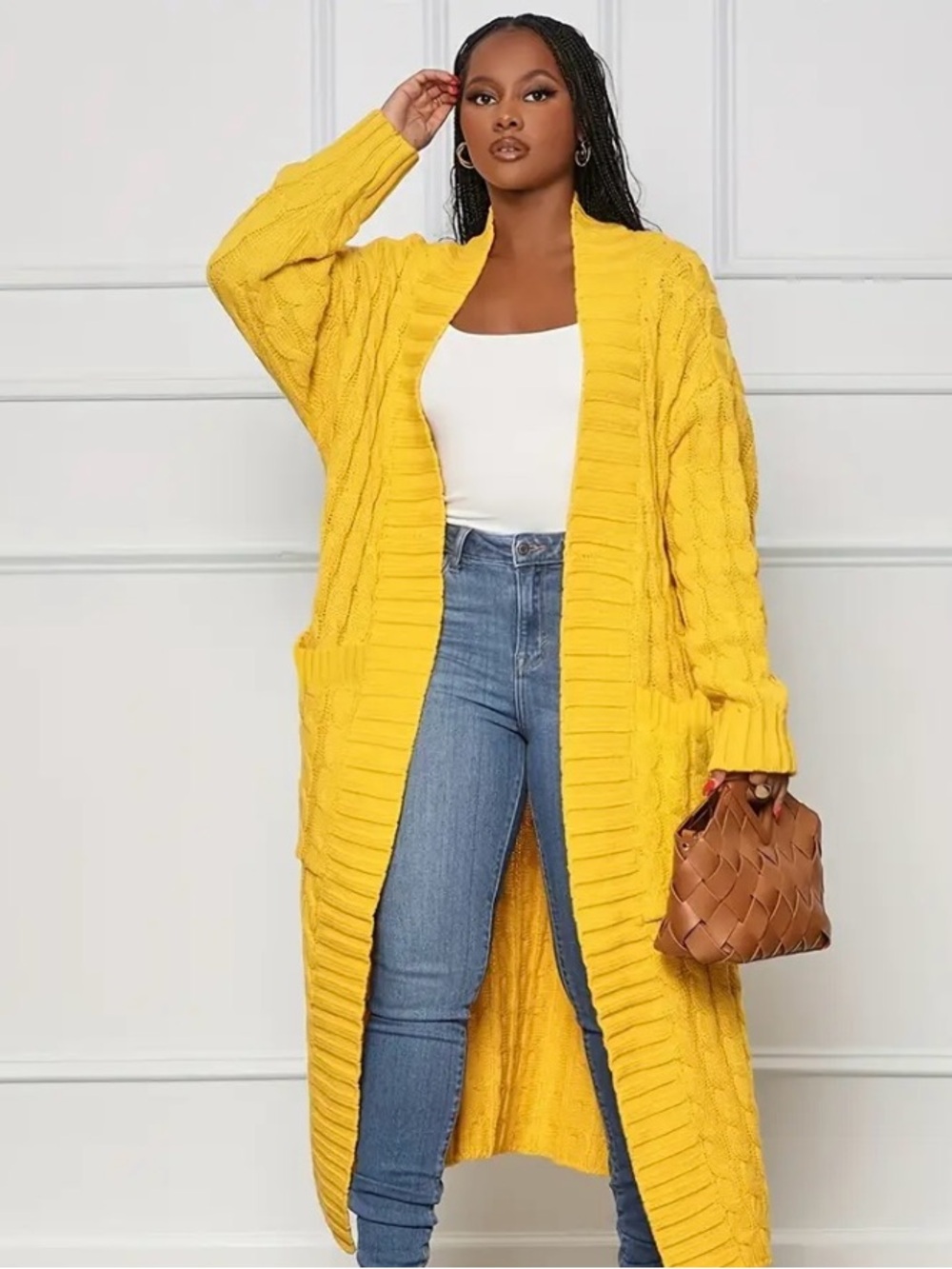 Yellow Cable Knit Long Open Front Cardigan Sweater